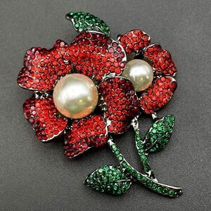 Gun Metal with Ruby Garnet Red and Emerald Crystal Pearl Flower Pin Back Brooch